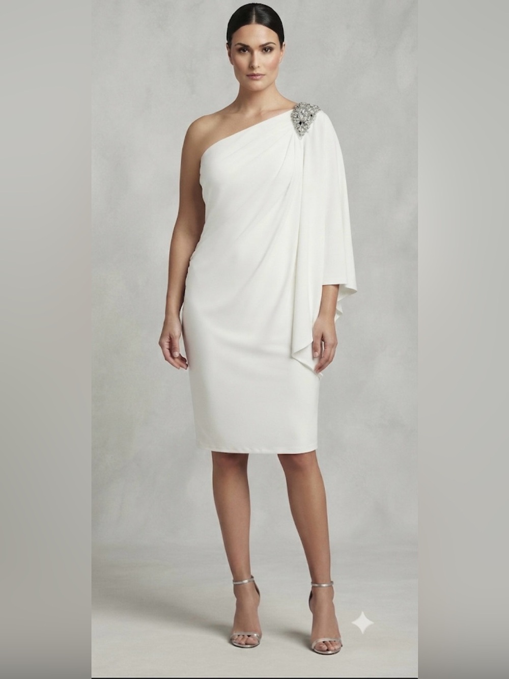 NWT R&M Richards Ivory Chiffon Formal Dress Rhinestone One Shoulder 18W